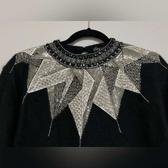 Vintage Diffusion Black Silver Beaded Sweater Size Medium Holiday Party 80s 90s - Picture 2 of 9